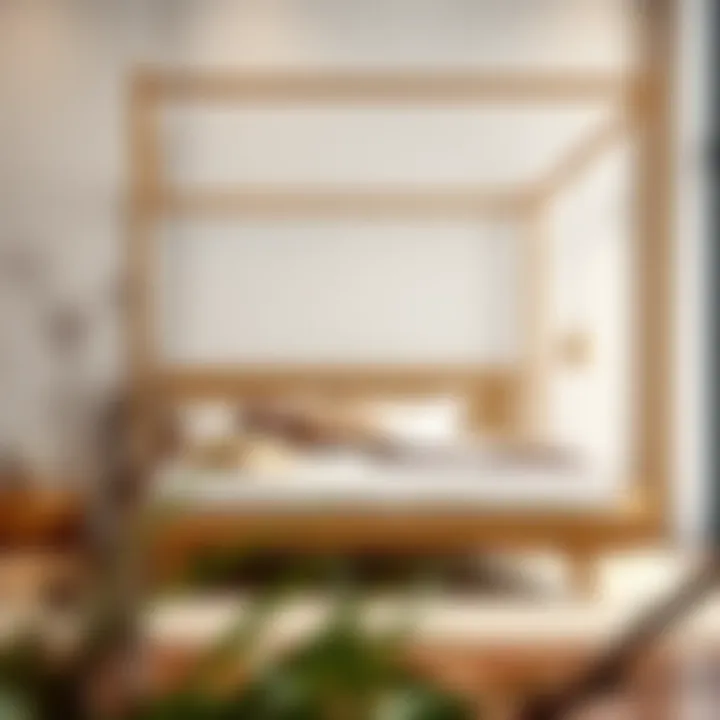 A serene bedroom featuring a bamboo bed with soft linens