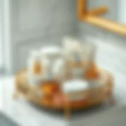 Elegant bathroom accessory tray displaying various toiletries