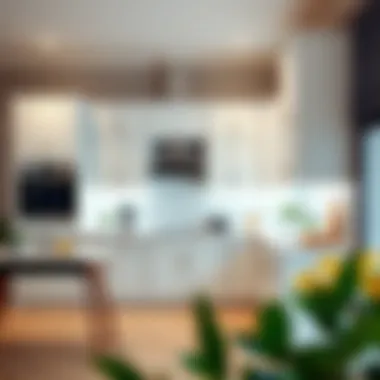 Stylish kitchen layout featuring white balloon cabinets and functional space.