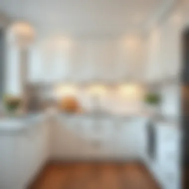 Aesthetic details of white balloon cabinets integrated into a bright kitchen.