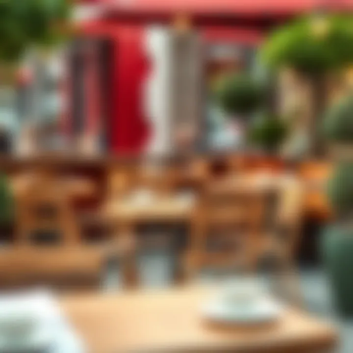 Stylish wooden cafe tables with comfortable seating in a vibrant outdoor setting