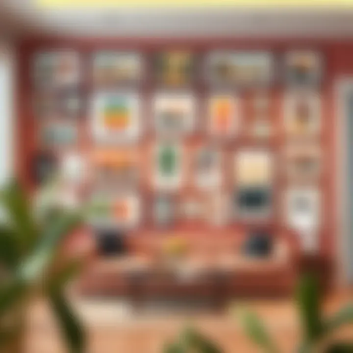 A vibrant gallery wall showcasing various art styles and frames