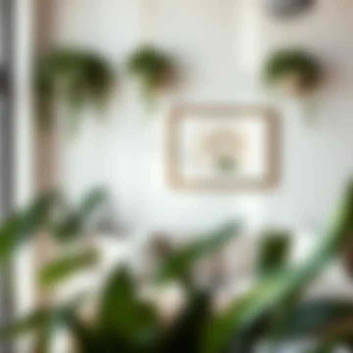 A serene minimalist wall decorated with plants and simple art