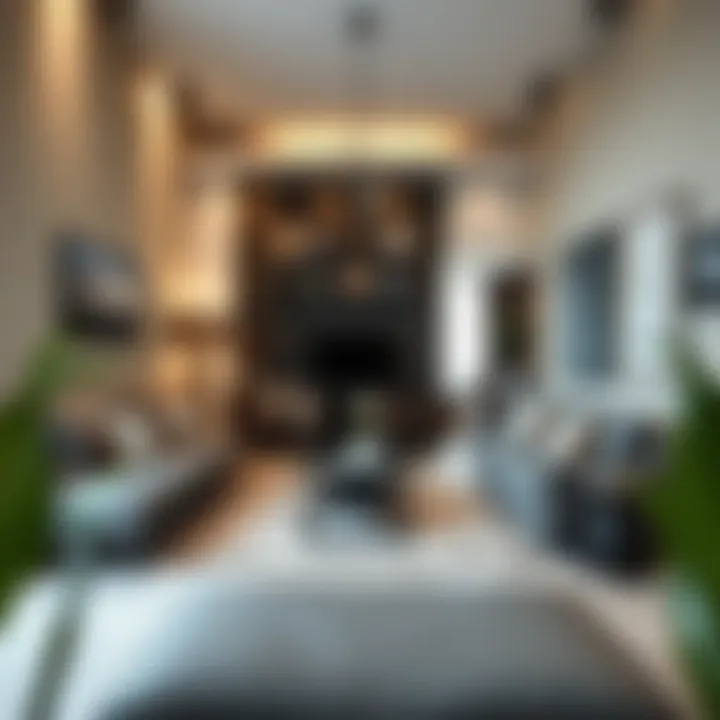 Elegant narrow living area featuring modern furniture arrangement