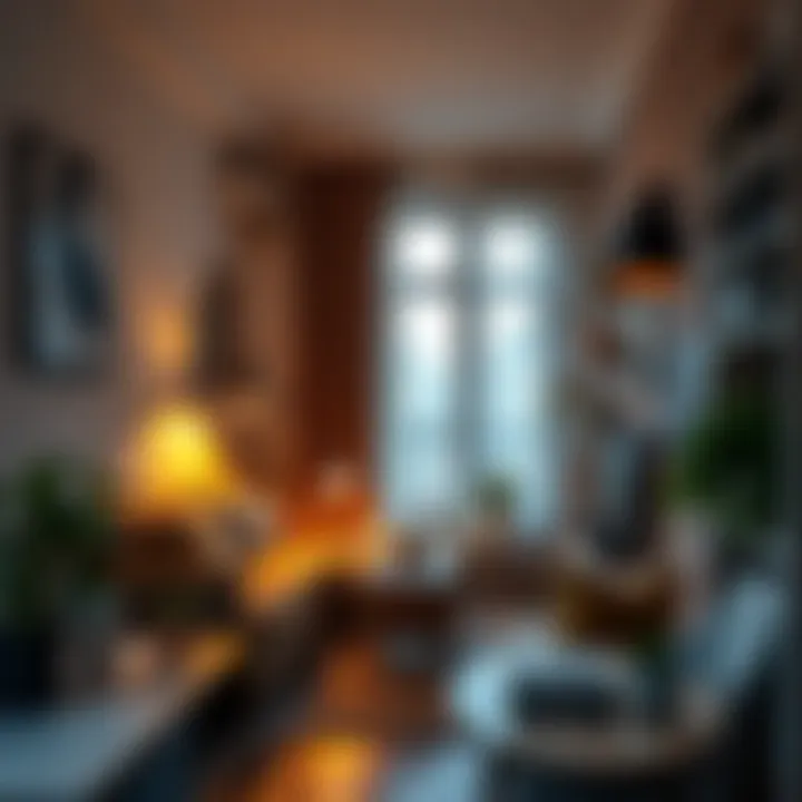 Cozy narrow sitting area with warm lighting and decor