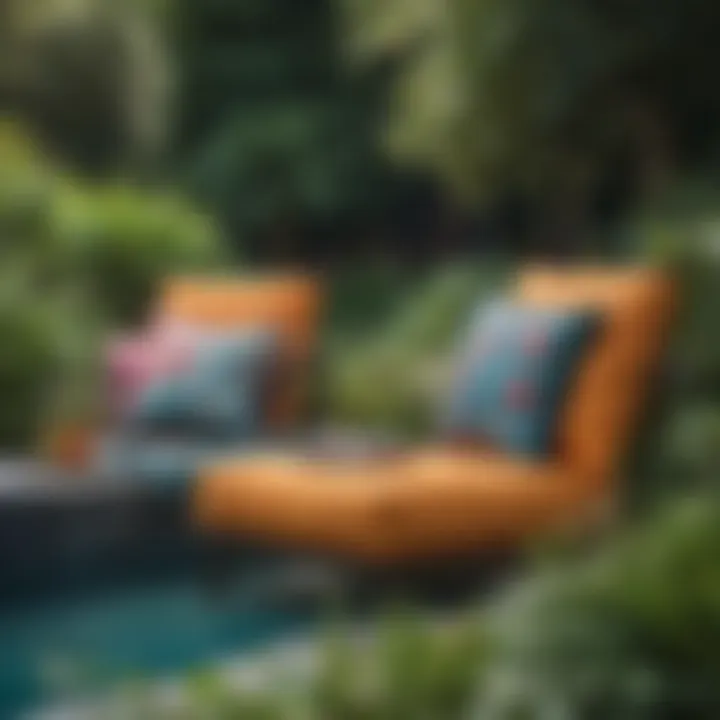 A vibrant garden showcasing decorative cushions on lounge chairs