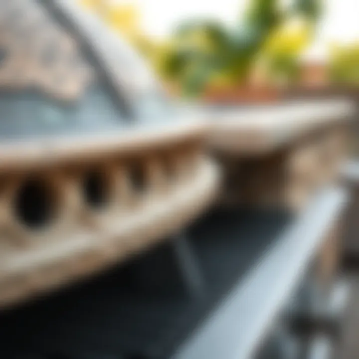 Close-up of intricate stonework on a barbecue grill