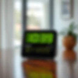 A sleek digital desk clock displaying various features