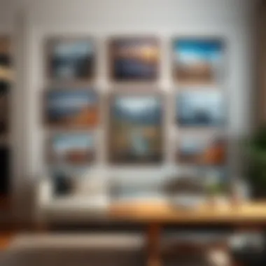 An elegant gallery wall featuring various framed landscape artworks