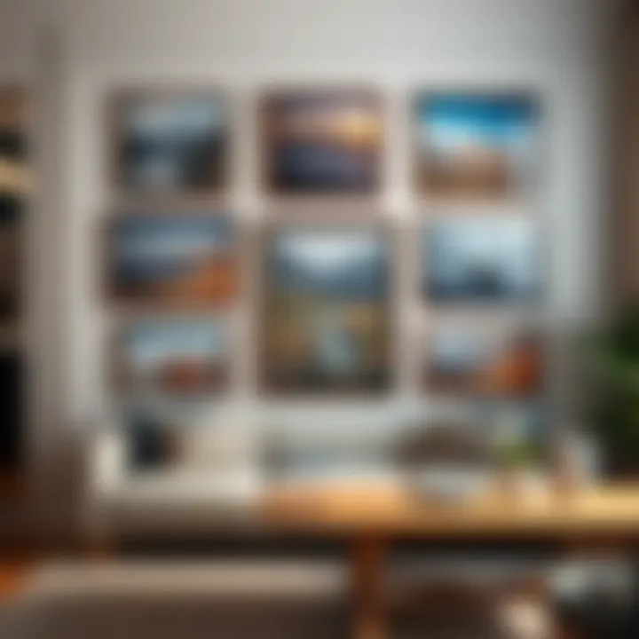 An elegant gallery wall featuring various framed landscape artworks