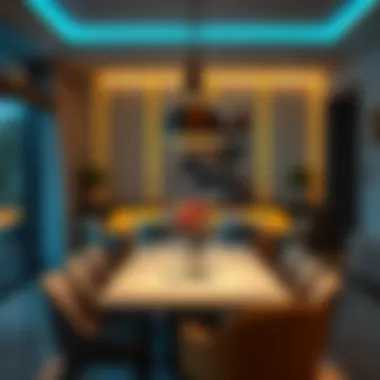 Stylish dining area with artistic lighting
