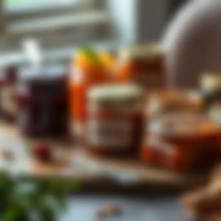 An assortment of homemade jams and spreads elegantly displayed.