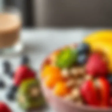 A close-up of a colorful smoothie bowl topped with fresh fruits and nuts.