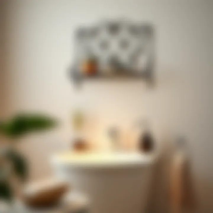 Chic bathroom decor featuring a wrought iron shelf