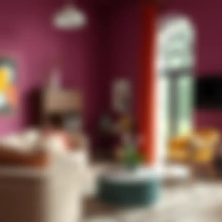 A cozy and vibrant room featuring a blend of colors and materials