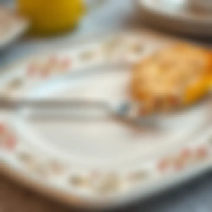 Close-up of decorative details on a square breakfast plate