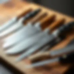 Variety of kitchen knives laid out elegantly on a wooden board