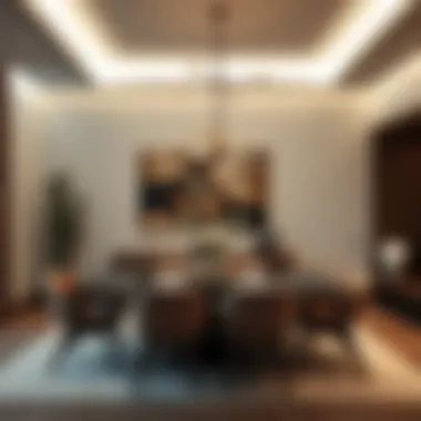 Contemporary console dining room with artistic lighting and arrangement