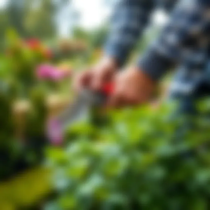 Gardener using Leons pruning shears in a lush garden