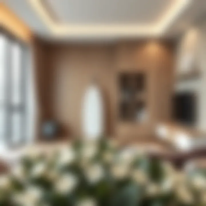 Elegant modern living space featuring an integrated ironing board cabinet