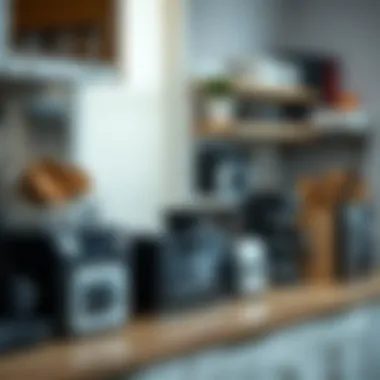 An organized kitchen counter featuring various electric appliances demonstrating efficiency