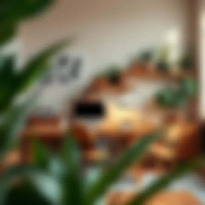 Peaceful study area filled with plants and warm colors