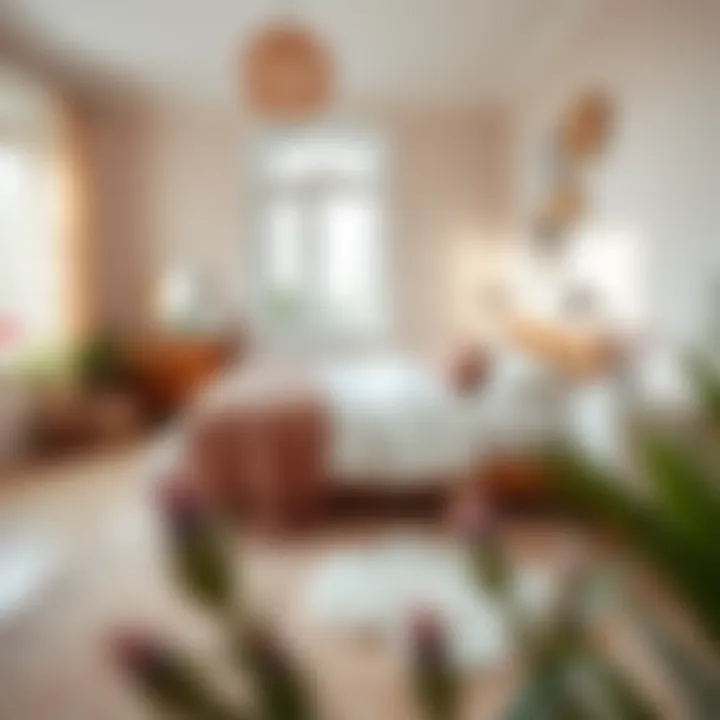 A serene bedroom adorned with a Scandinavian rug