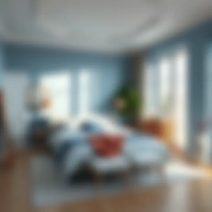 Serene bedroom with soft blue tones and soothing decor