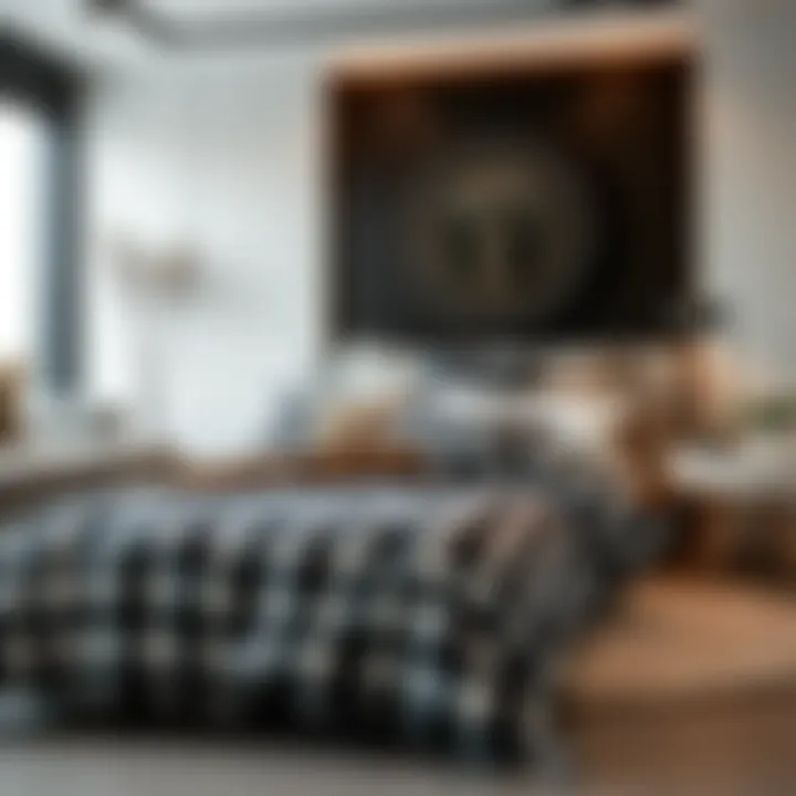 Contemporary Interior with Checkered Bedding Stylish interior featuring black and white checkered bedding set in a contemporary setting