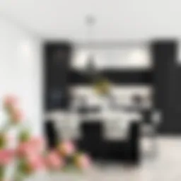 Elegant black and white kitchen design showcasing a sleek arrangement