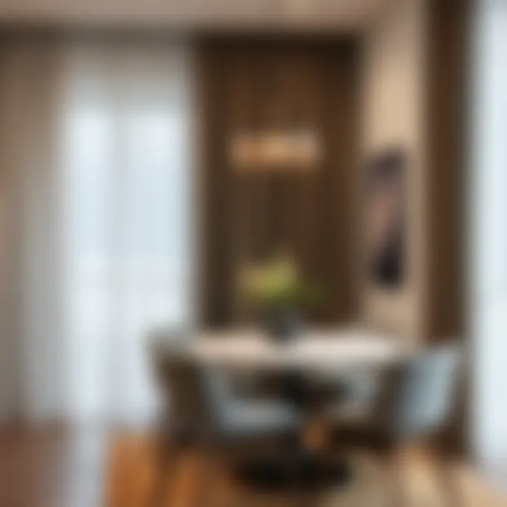 Stylish dining area complemented by a single panel curtain for ambiance