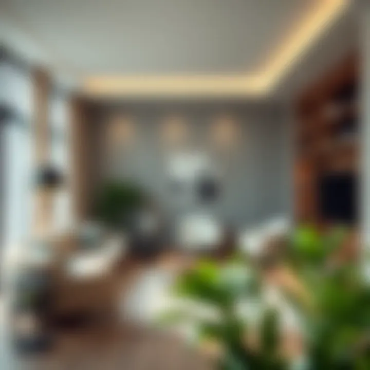 Tranquil living room featuring natural elements and gentle lighting