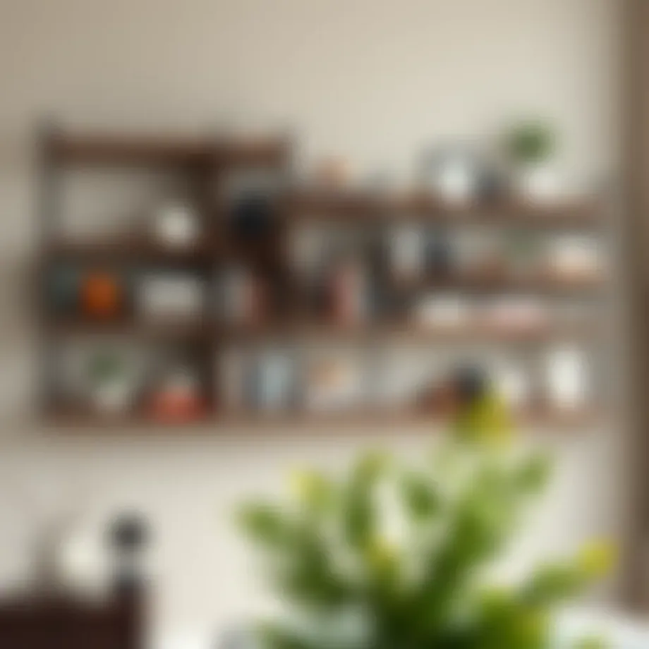 A beautifully arranged wide wall shelf displaying books and decorative items.