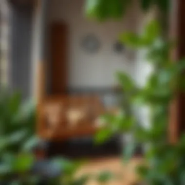 Cozy balcony with a wooden swing and plants