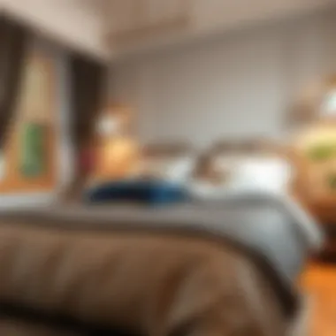 A cozy bedroom featuring a stylish double bedspread