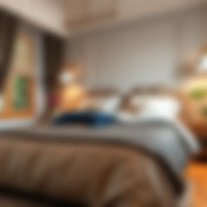 A cozy bedroom featuring a stylish double bedspread