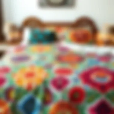 A vibrant double bedspread showcasing various patterns