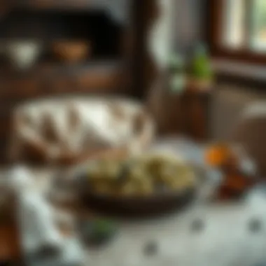 Rustic olive dish enhancing a traditional dining setup